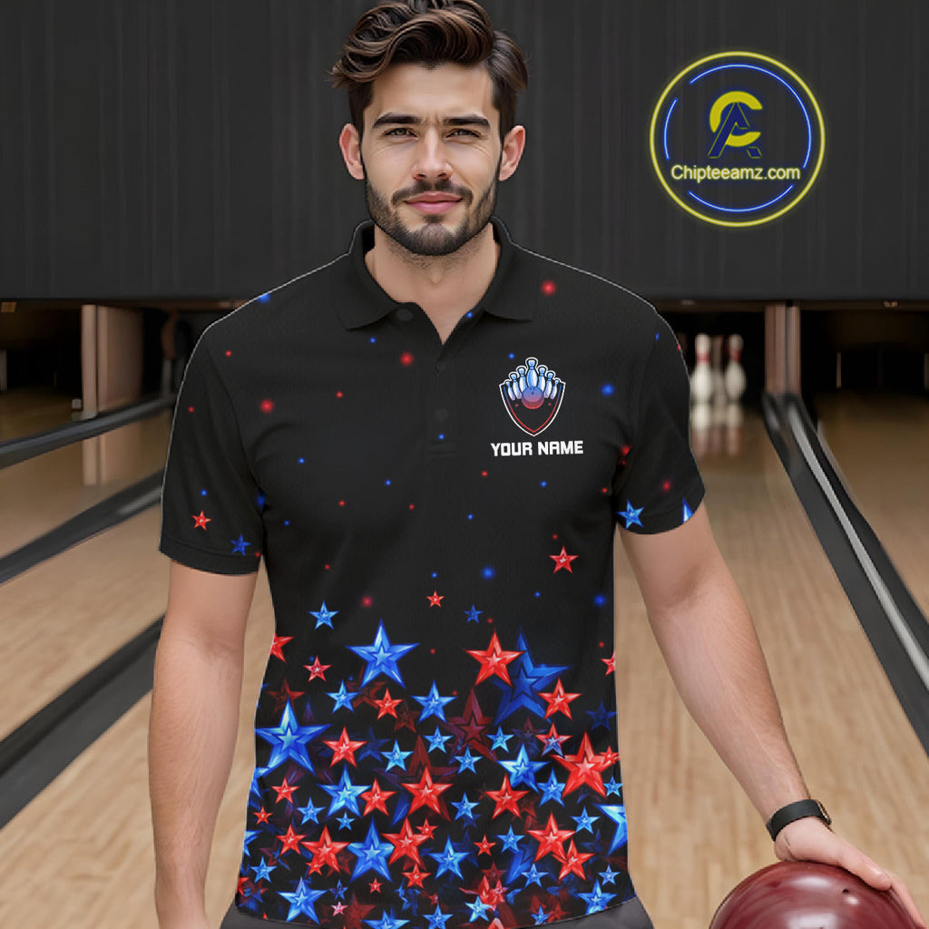 Personalized Bowling Shirt Red & Blue Star Bowling Ball & Pins Team Bowling Jersey Bowler