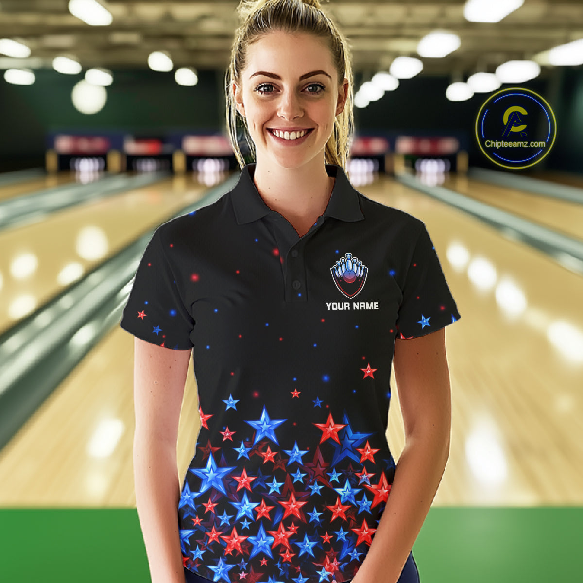 Personalized Bowling Shirt Red & Blue Star Bowling Ball & Pins Team Bowling Jersey Bowler