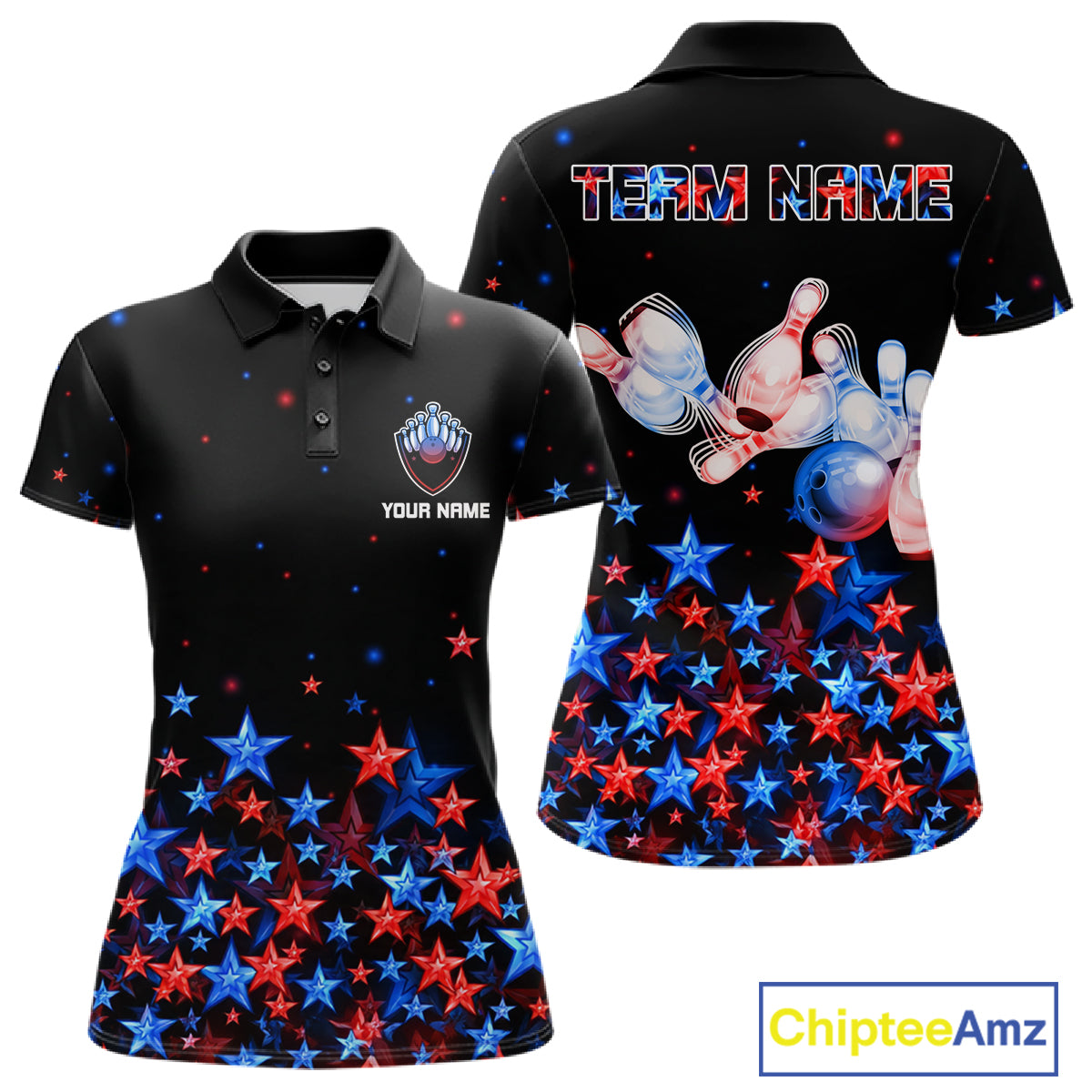 Personalized Bowling Shirt Red & Blue Star Bowling Ball & Pins Team Bowling Jersey Bowler