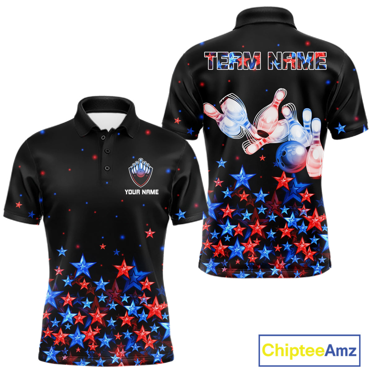 Personalized Bowling Shirt Red & Blue Star Bowling Ball & Pins Team Bowling Jersey Bowler