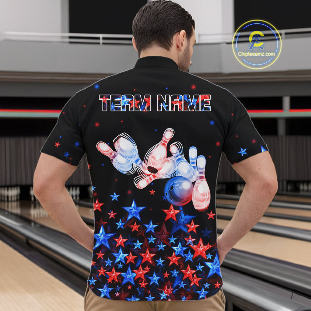 Personalized Bowling Shirt Red & Blue Star Bowling Ball & Pins Team Bowling Jersey Bowler