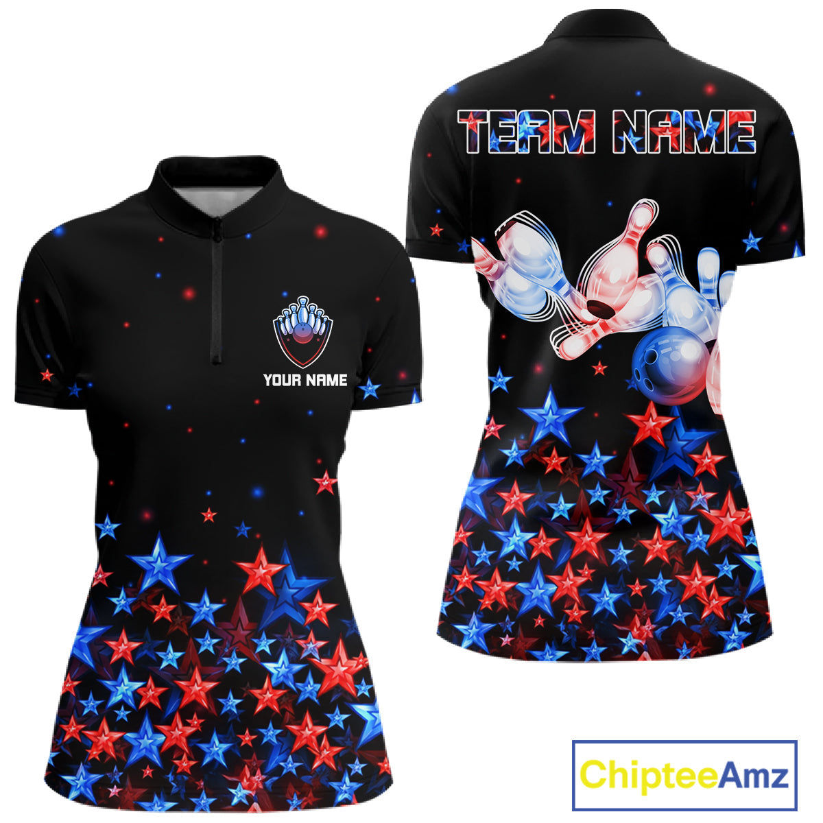 Personalized Bowling Shirt Red & Blue Star Bowling Ball & Pins Team Bowling Jersey Bowler