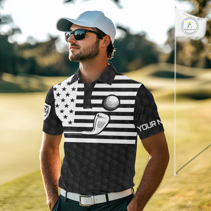 Black And White Skull US Flag Golf Polos Shirts Custom Name Golf Skull Shirts