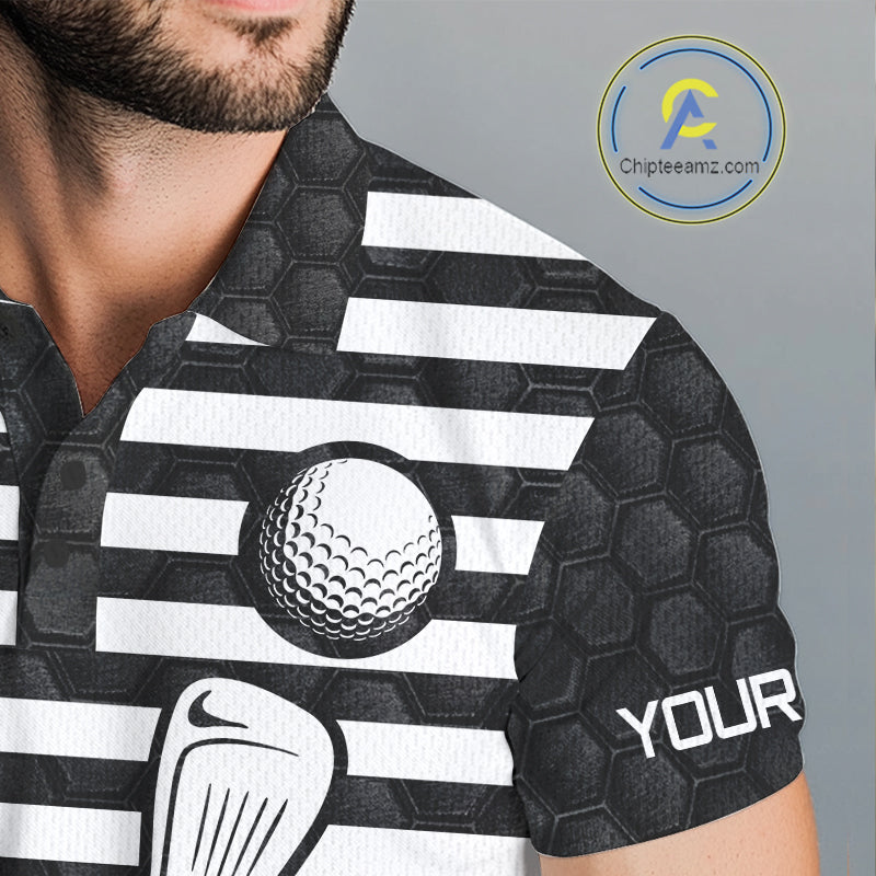 Black And White Skull US Flag Golf Polos Shirts Custom Name Golf Skull Shirts