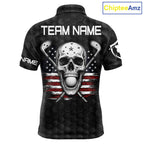 Black And White Skull US Flag Golf Polos Shirts Custom Name Golf Skull Shirts