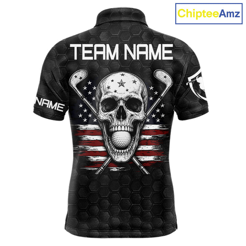 Black And White Skull US Flag Golf Polos Shirts Custom Name Golf Skull Shirts