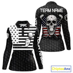 Black And White Skull US Flag Golf Polos Shirts Custom Name Golf Skull Shirts