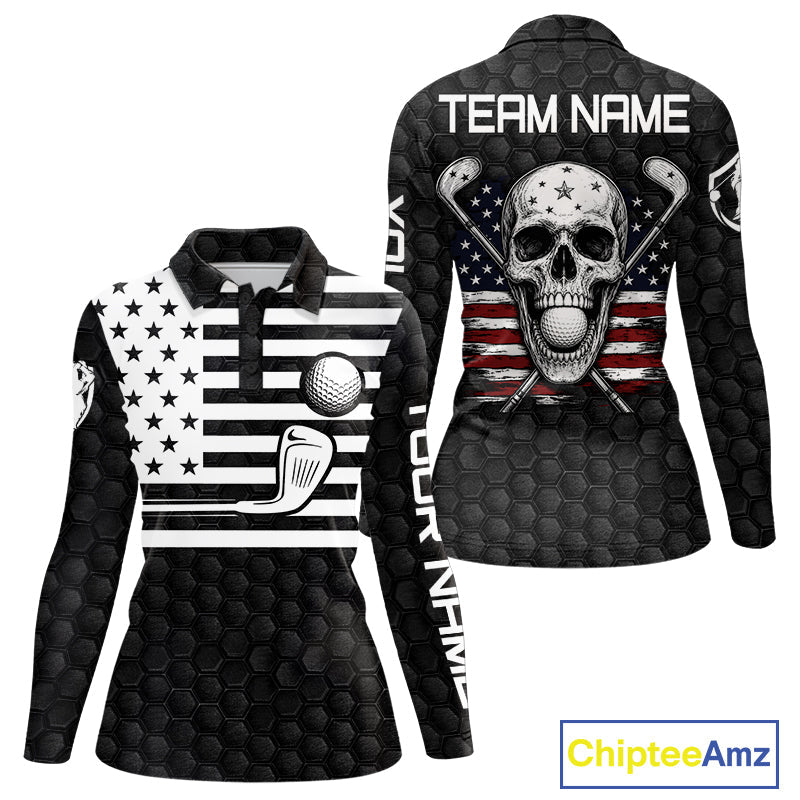 Black And White Skull US Flag Golf Polos Shirts Custom Name Golf Skull Shirts