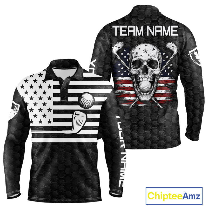 Black And White Skull US Flag Golf Polos Shirts Custom Name Golf Skull Shirts