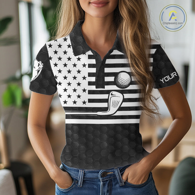 Black And White Skull US Flag Golf Polos Shirts Custom Name Golf Skull Shirts