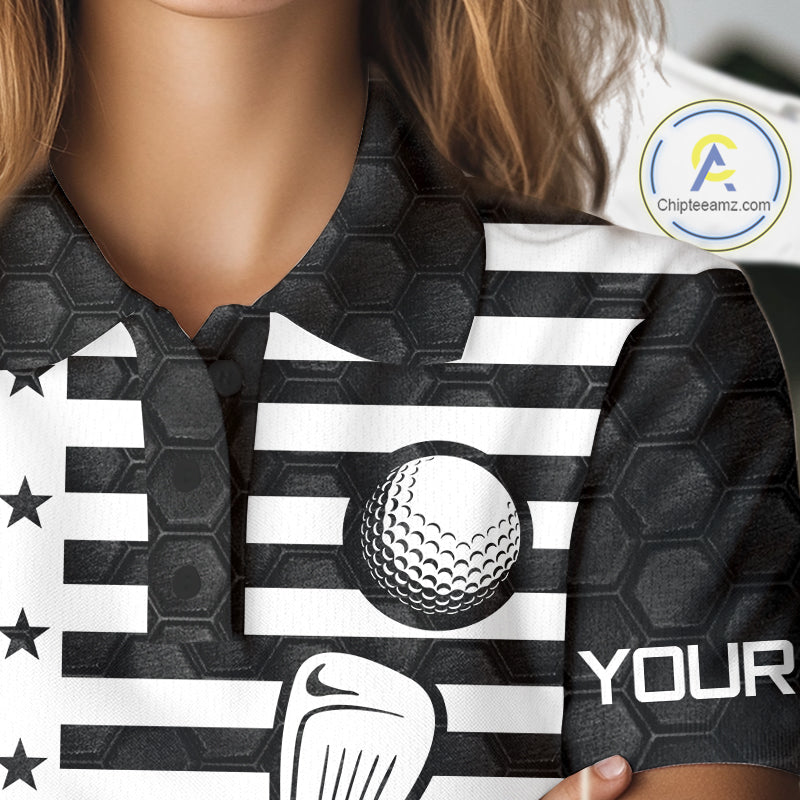 Black And White Skull US Flag Golf Polos Shirts Custom Name Golf Skull Shirts