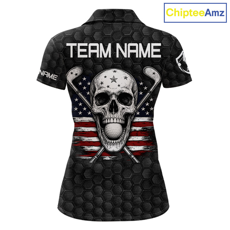 Black And White Skull US Flag Golf Polos Shirts Custom Name Golf Skull Shirts