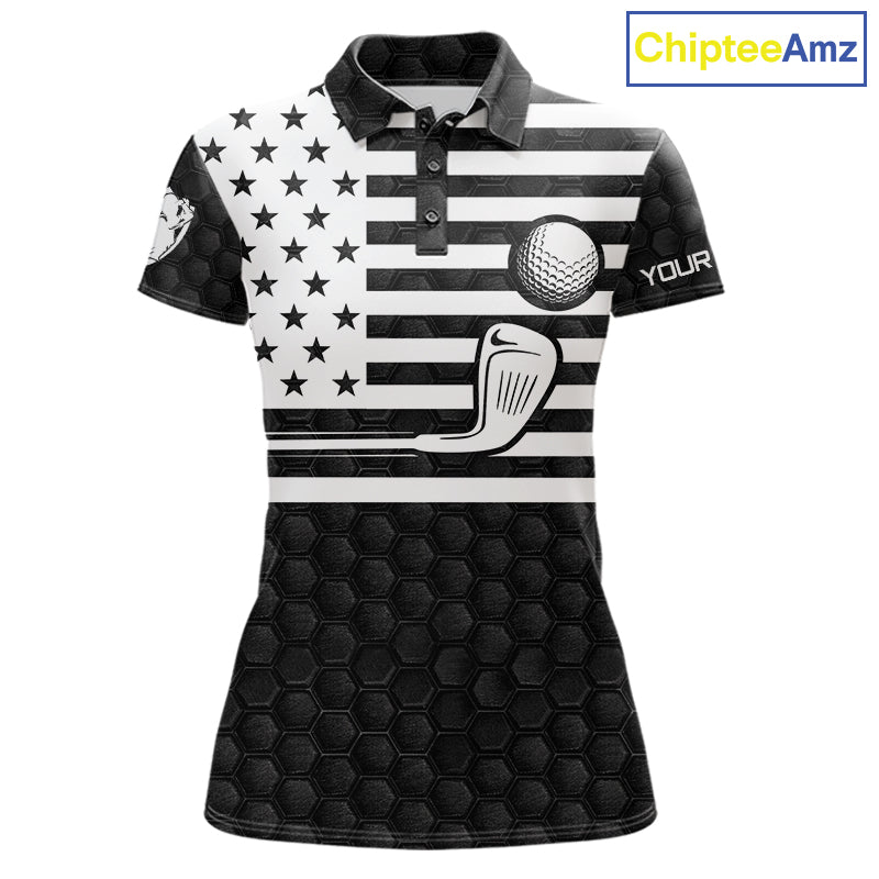 Black And White Skull US Flag Golf Polos Shirts Custom Name Golf Skull Shirts