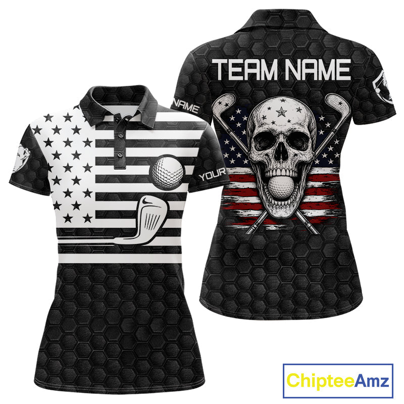 Black And White Skull US Flag Golf Polos Shirts Custom Name Golf Skull Shirts