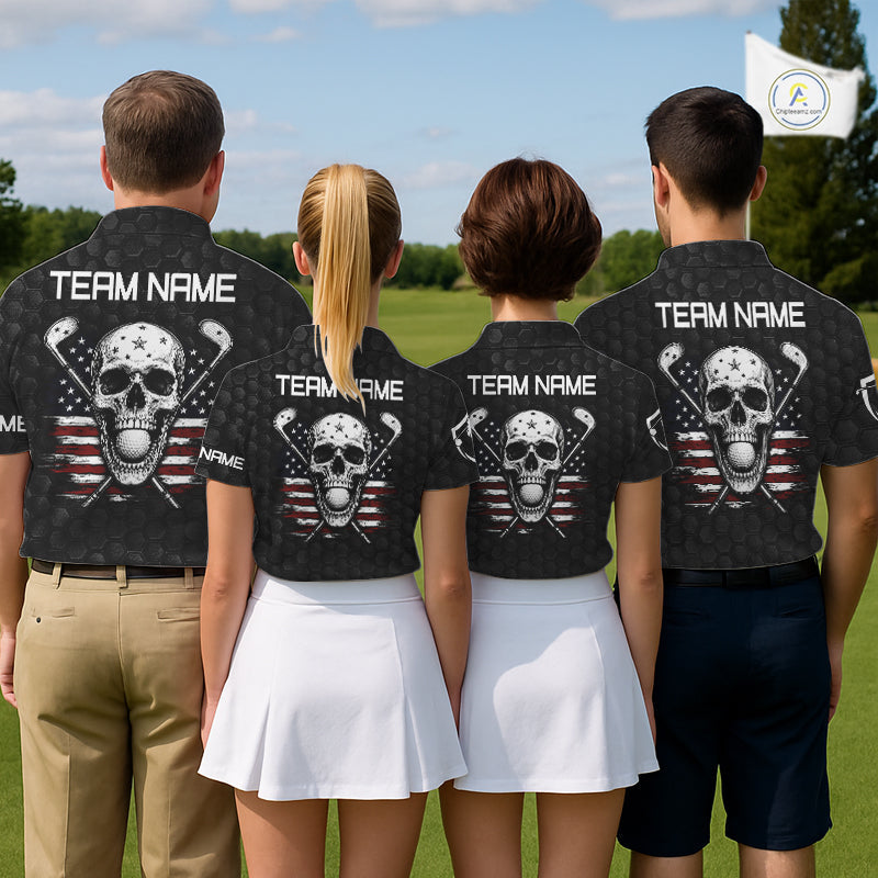 Black And White Skull US Flag Golf Polos Shirts Custom Name Golf Skull Shirts