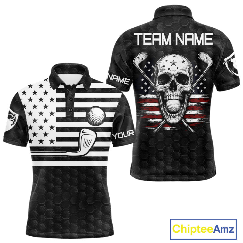 Black And White Skull US Flag Golf Polos Shirts Custom Name Golf Skull Shirts