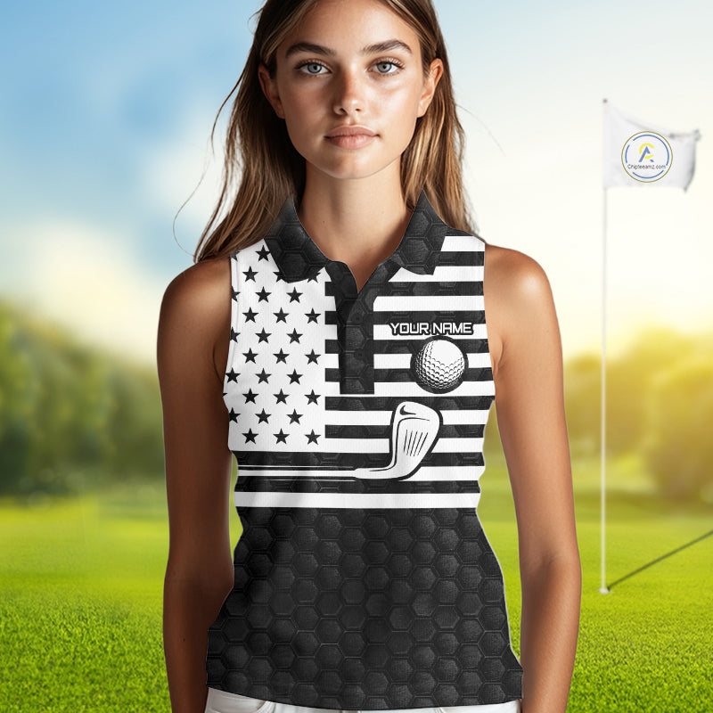 Black And White Skull US Flag Golf Sleeveless Polo Shirts Custom Name Golf Skull Shirts
