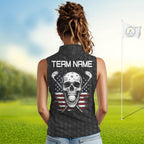 Black And White Skull US Flag Golf Sleeveless Polo Shirts Custom Name Golf Skull Shirts