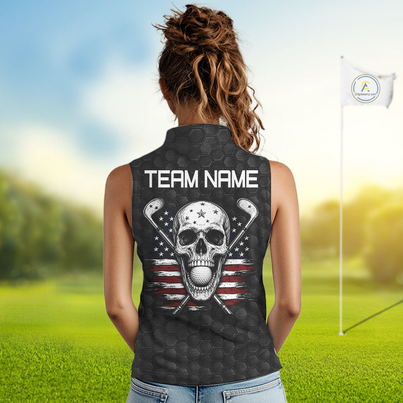 Black And White Skull US Flag Golf Sleeveless Polo Shirts Custom Name Golf Skull Shirts