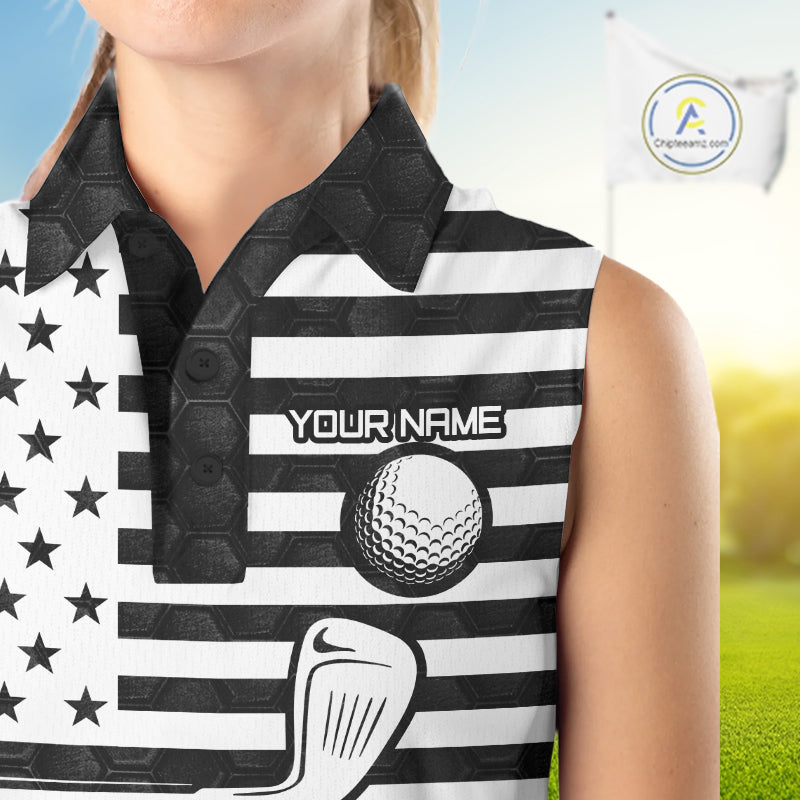 Black And White Skull US Flag Golf Sleeveless Polo Shirts Custom Name Golf Skull Shirts