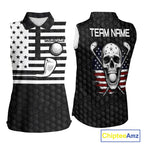 Black And White Skull US Flag Golf Sleeveless Polo Shirts Custom Name Golf Skull Shirts
