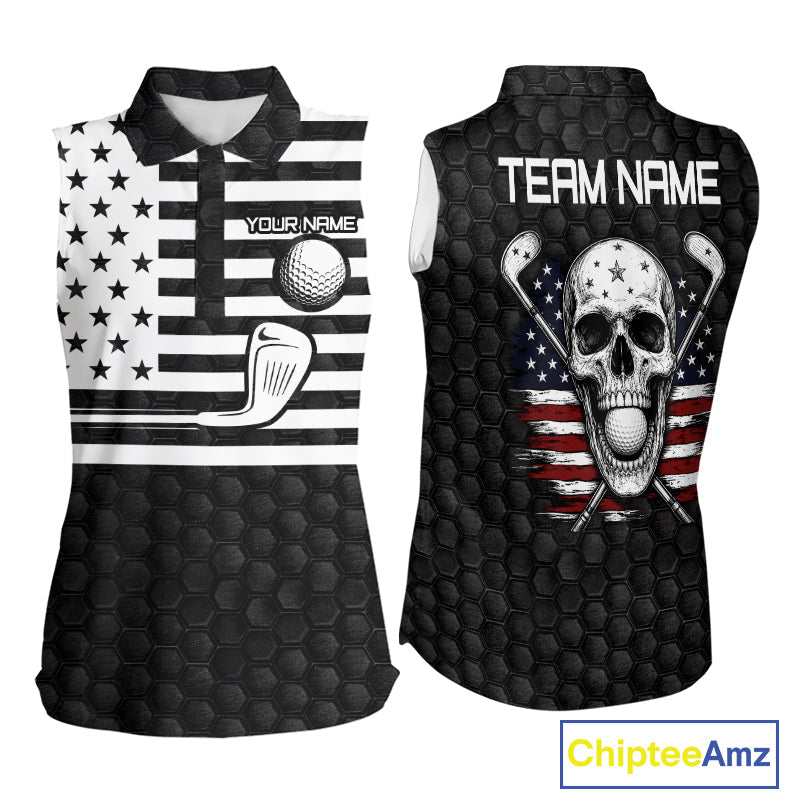 Black And White Skull US Flag Golf Sleeveless Polo Shirts Custom Name Golf Skull Shirts