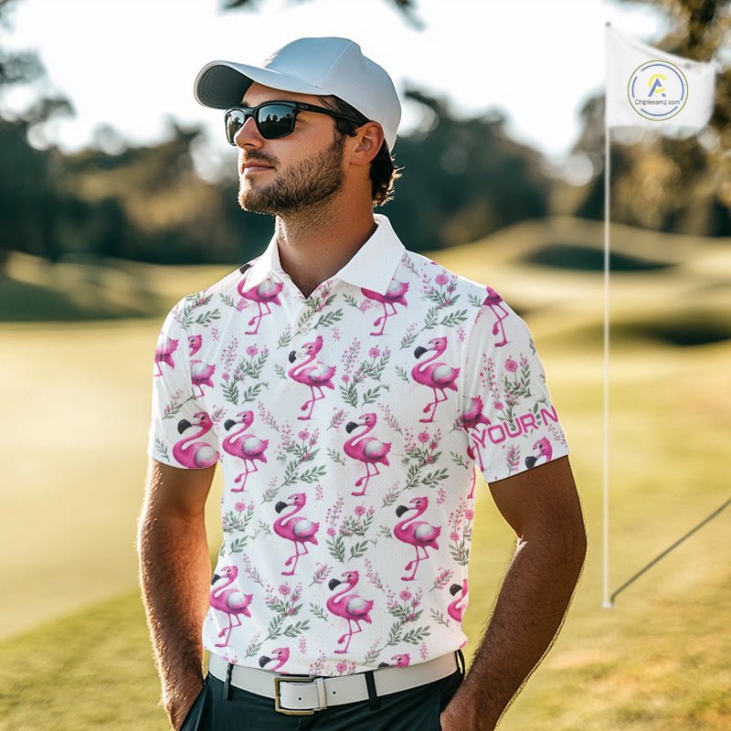 Custom Name Golf Polo Shirt Personalized Watercolor Pink Flamingo Floral Pattern Golf Shirt