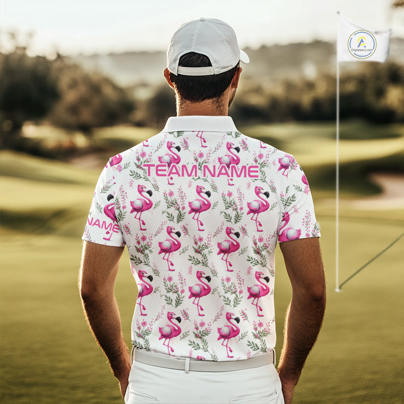 Custom Name Golf Polo Shirt Personalized Watercolor Pink Flamingo Floral Pattern Golf Shirt