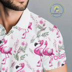 Custom Name Golf Polo Shirt Personalized Watercolor Pink Flamingo Floral Pattern Golf Shirt