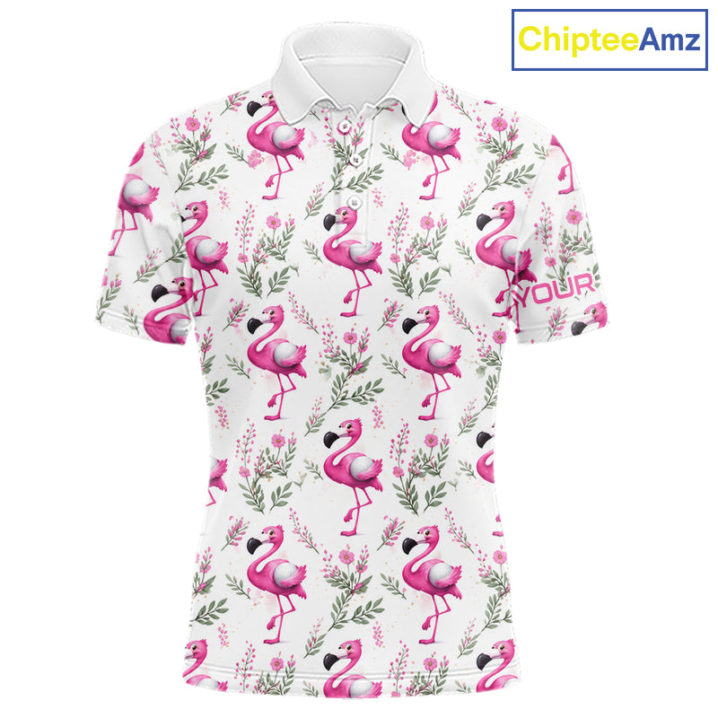 Custom Name Golf Polo Shirt Personalized Watercolor Pink Flamingo Floral Pattern Golf Shirt