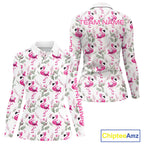 Custom Name Golf Polo Shirt Personalized Watercolor Pink Flamingo Floral Pattern Golf Shirt
