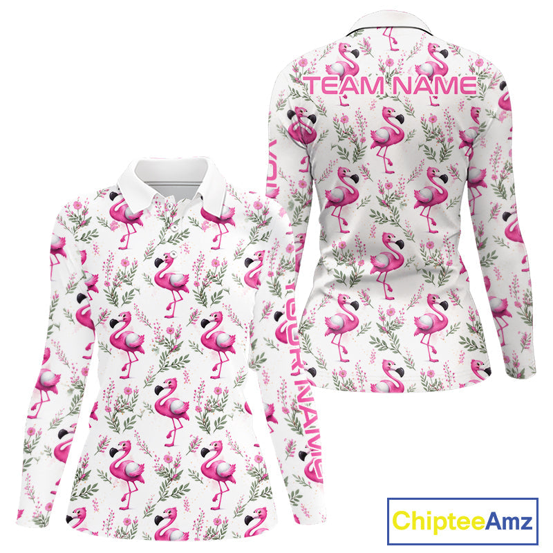 Custom Name Golf Polo Shirt Personalized Watercolor Pink Flamingo Floral Pattern Golf Shirt