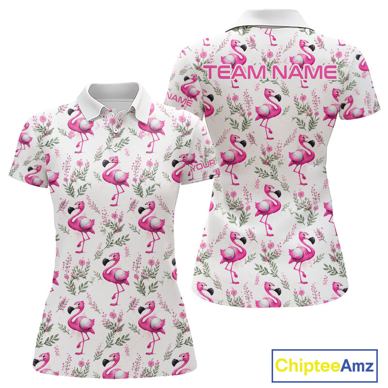 Custom Name Golf Polo Shirt Personalized Watercolor Pink Flamingo Floral Pattern Golf Shirt
