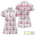 Custom Name Golf Polo Shirt Personalized Watercolor Pink Flamingo Floral Pattern Golf Shirt