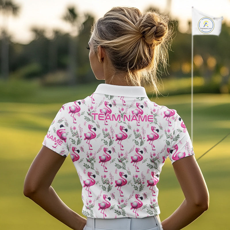 Custom Name Golf Polo Shirt Personalized Watercolor Pink Flamingo Floral Pattern Golf Shirt