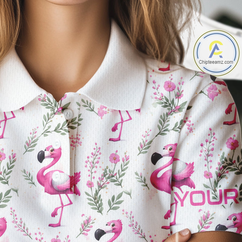 Custom Name Golf Polo Shirt Personalized Watercolor Pink Flamingo Floral Pattern Golf Shirt