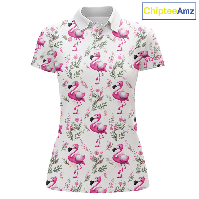 Custom Name Golf Polo Shirt Personalized Watercolor Pink Flamingo Floral Pattern Golf Shirt