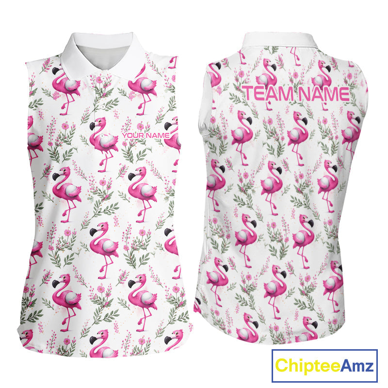 Custom Name Golf Sleeveless Polo Shirt Personalized Watercolor Pink Flamingo Floral Pattern Golf Shirt