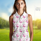 Custom Name Golf Sleeveless Polo Shirt Personalized Watercolor Pink Flamingo Floral Pattern Golf Shirt