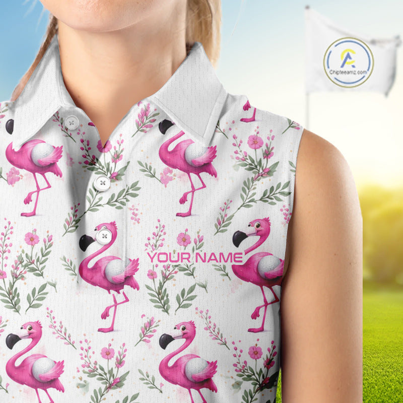 Custom Name Golf Sleeveless Polo Shirt Personalized Watercolor Pink Flamingo Floral Pattern Golf Shirt