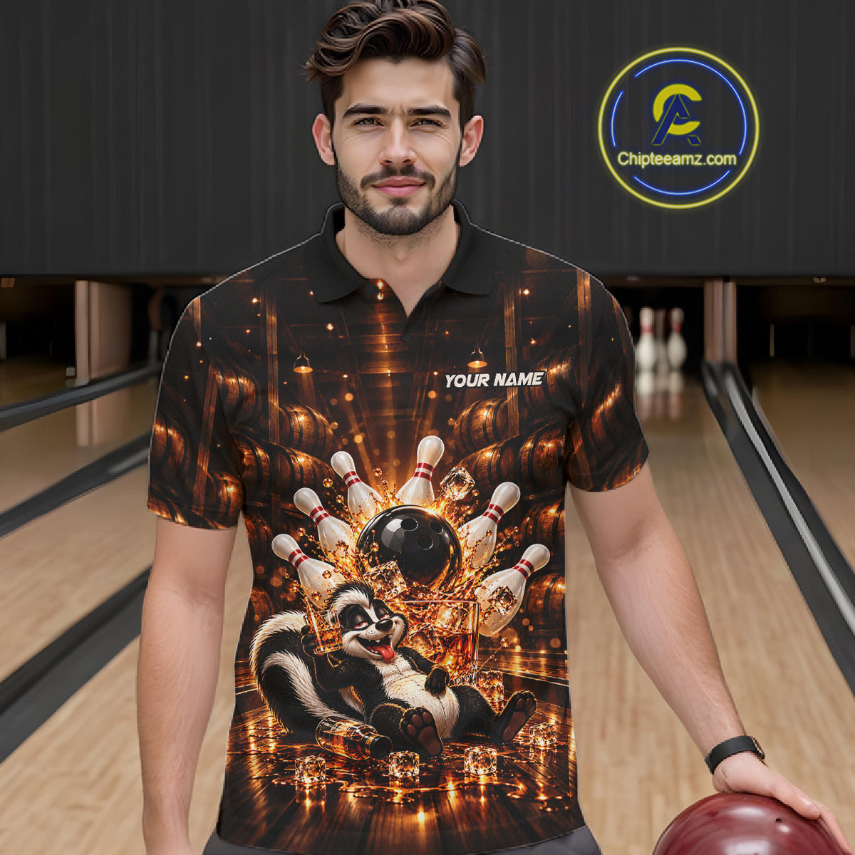 Funny Skunk Bourbon Bowling Polo 1/4-Zip Bowling Shirt Custom Vintage Bowling Team Jersey
