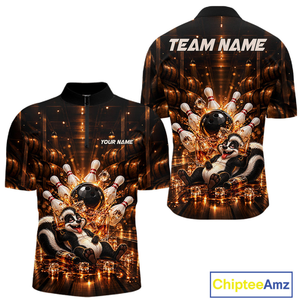 Funny Skunk Bourbon Bowling Polo 1/4-Zip Bowling Shirt Custom Vintage Bowling Team Jersey
