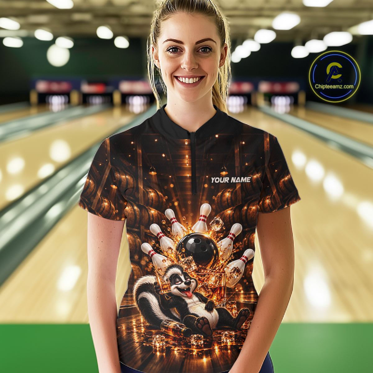 Funny Skunk Bourbon Bowling Polo 1/4-Zip Bowling Shirt Custom Vintage Bowling Team Jersey