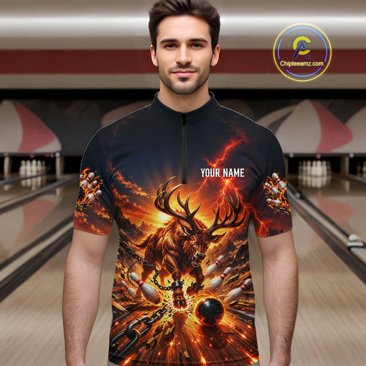 Angry Deer Bowling Polo 1/4-Zip Shirt Personalized Bowling Jersey Deer Bowling Team Shirts