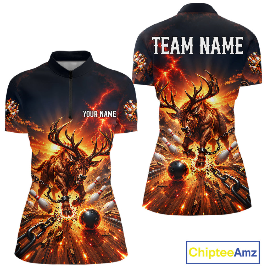 Angry Deer Bowling Polo 1/4-Zip Shirt Personalized Bowling Jersey Deer Bowling Team Shirts