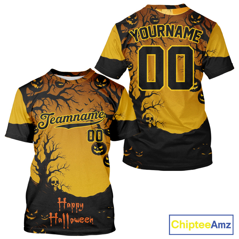 Custom Yellow Creepy Baseball Halloween T-Shirt Happy Halloween Baseball Shirts