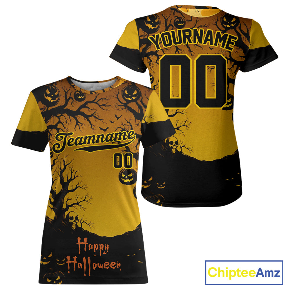 Custom Yellow Creepy Baseball Halloween T-Shirt Happy Halloween Baseball Shirts
