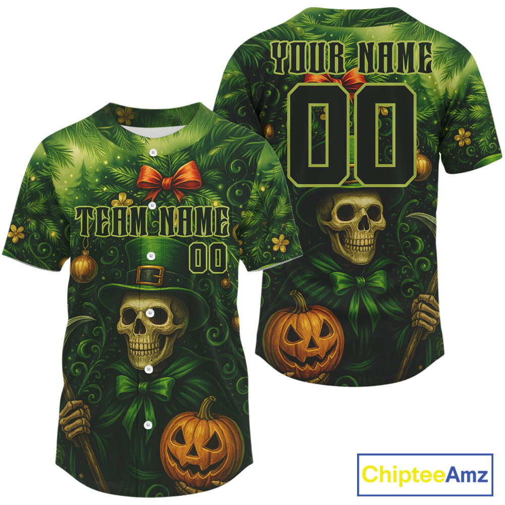 Custom Green Skull Patrick's Day Baseball Shirt Xmas Tree Baseball Jerseys