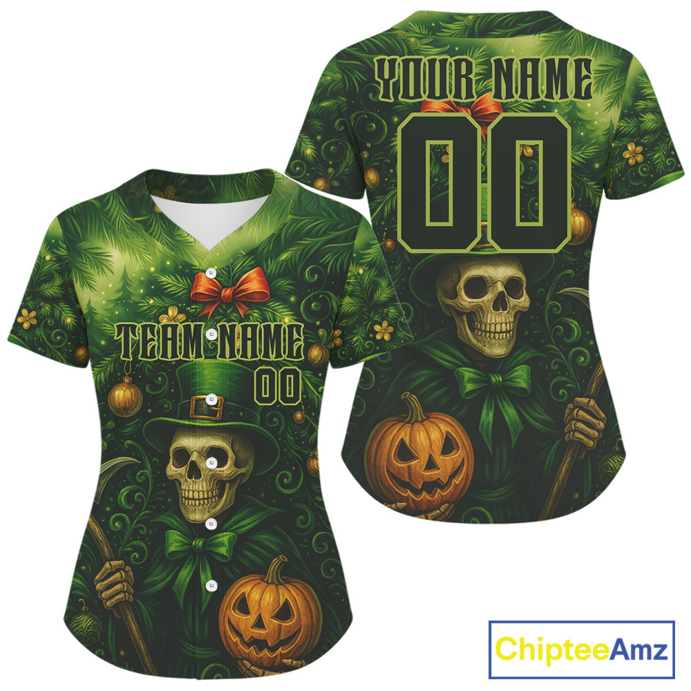 Custom Green Skull Patrick's Day Baseball Shirt Xmas Tree Baseball Jerseys