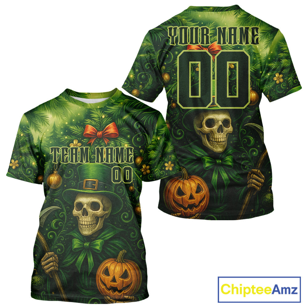 Custom Green Skull Patrick's Day Baseball T-Shirt Xmas Tree Baseball Shirts